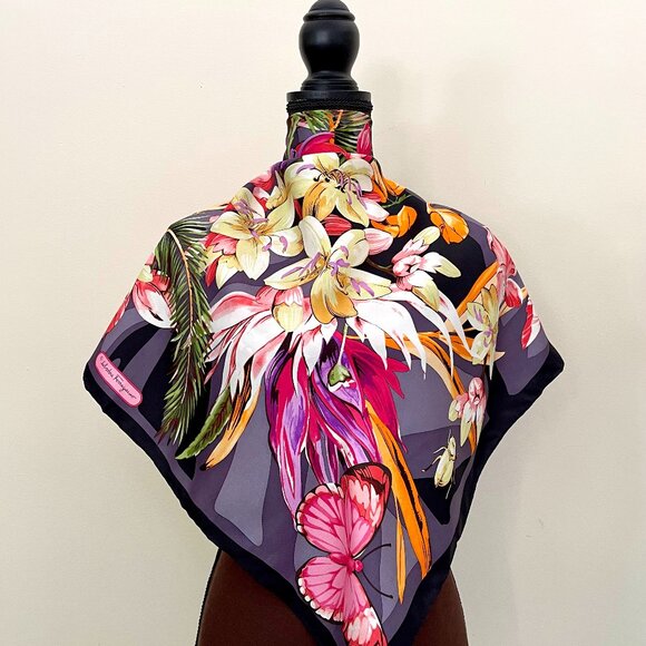 New Salvatore Ferragamo Scarf Butterfly Flowers Black Multicolor Silk Wrap - Picture 1 of 16